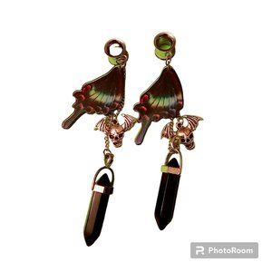 00 Gauge Tunnel Dangle Butterfly Skull Black Crystals Stone